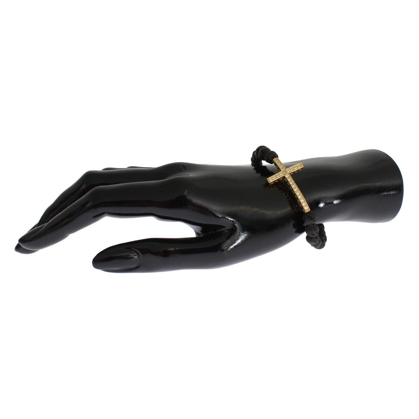 Nialaya Lava Stone Gold Clear CZ Cross 925 Silver Bracelet