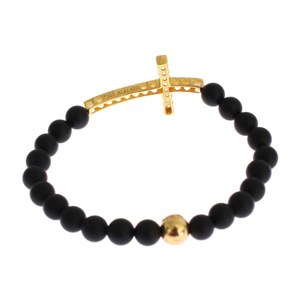Nialaya Matte Onyx Stone Gold CZ Cross 925 Silver Bracelet