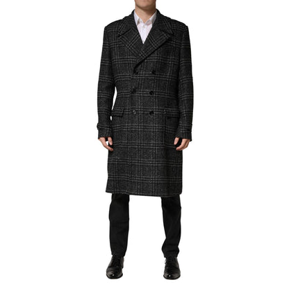 Dolce & Gabbana Grey Double Breasted Plaid Wool Coat Jacket