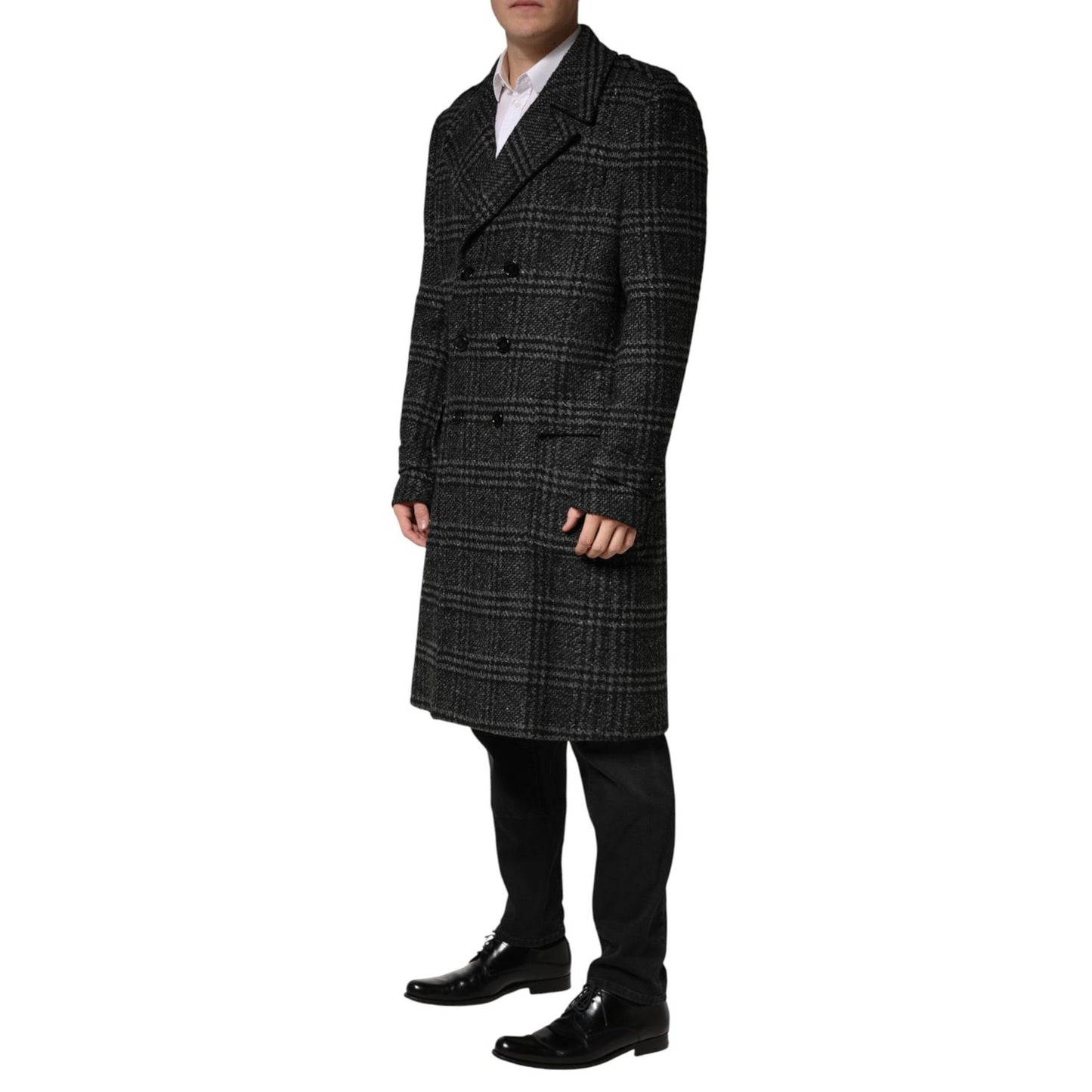 Dolce & Gabbana Grey Double Breasted Plaid Wool Coat Jacket