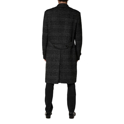 Dolce & Gabbana Grey Double Breasted Plaid Wool Coat Jacket