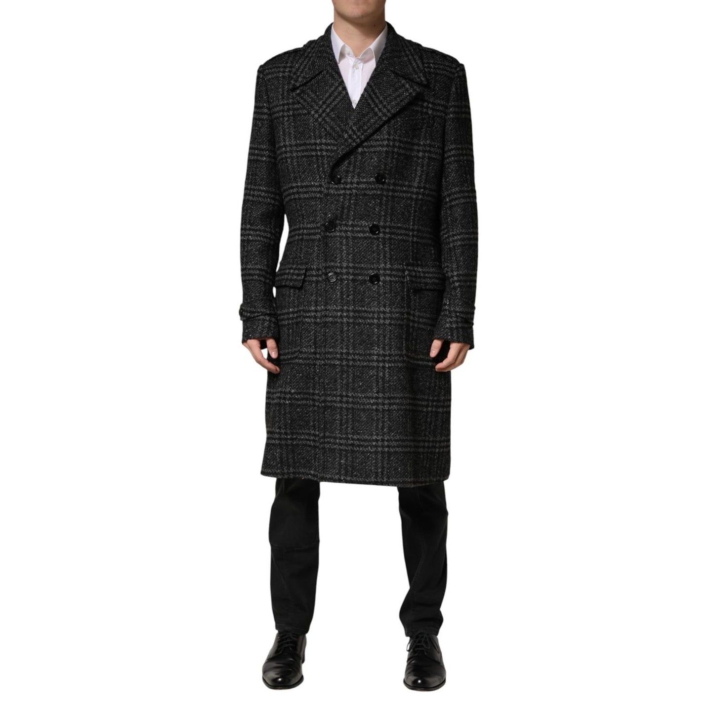Dolce & Gabbana Grey Double Breasted Plaid Wool Coat Jacket