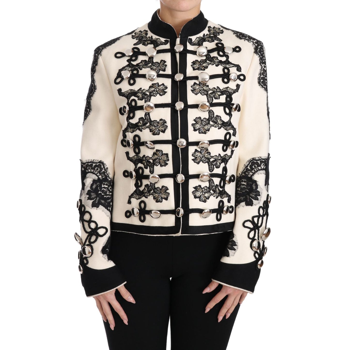 Dolce & Gabbana White Wool Black Floral Baroque Jacket