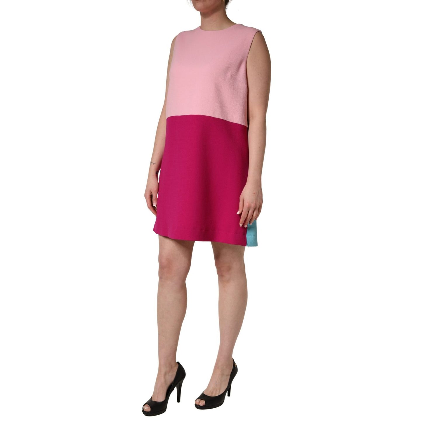 Dolce & Gabbana Pink Blue Wool Sleeveless Shift Mini Dress