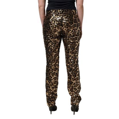 Dolce & Gabbana Gold Leopard Sequined Straight Trouser Pants