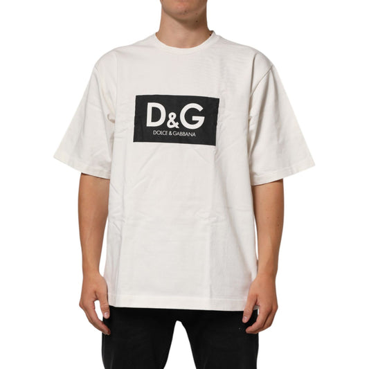 Dolce & Gabbana White Cotton Logo Print Men Crewneck T-shirt