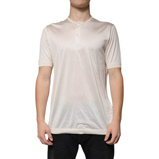 Dolce & Gabbana Off White Silk Henley Short Sleeves T-shirt 1728,67345645728,Clothing,Dolce & Gabbana,IT48 | M,Material: 100% Silk,Men,Off White,Preowned / Defect,Shirts - Clothing,Shortsleeve - Shirts - Clothing,T-Shirts - Clothing,T-Shirts - T-Shirts -
