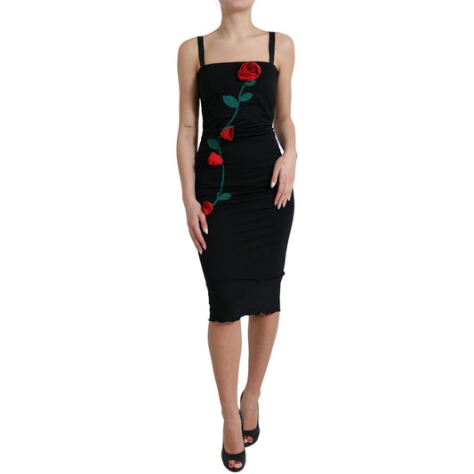 Dolce & Gabbana Black Wool Sleeveless Rose Applique Dress 1728,67345645728,Black and Red,Clothing,Cocktail - Dresses - Clothing,Dolce & Gabbana,Dresses - Clothing,IT46|XL,Material: 100% Wool,Midi - Dresses - Clothing,Pattern - Dresses - Clothing,Preowned