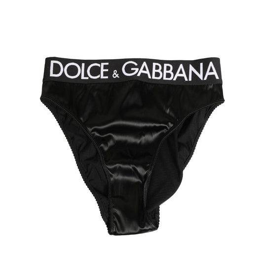 Dolce & Gabbana Black Satin High-Waist Brief Logo Women Underwear