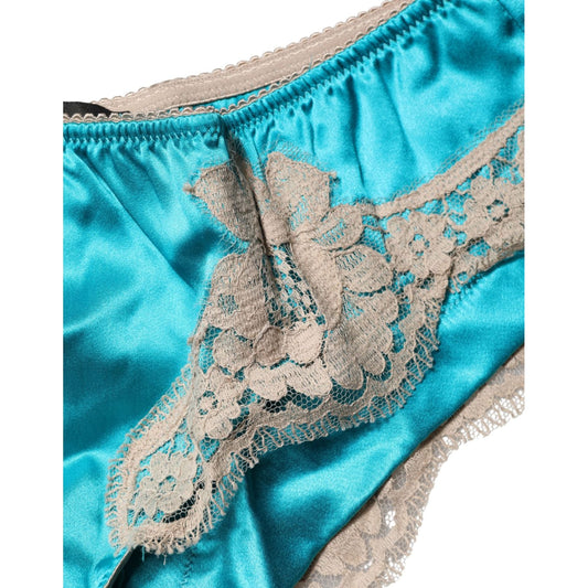 Dolce & Gabbana Blue Silk Satin Floral Lace Panty Brief Underwear