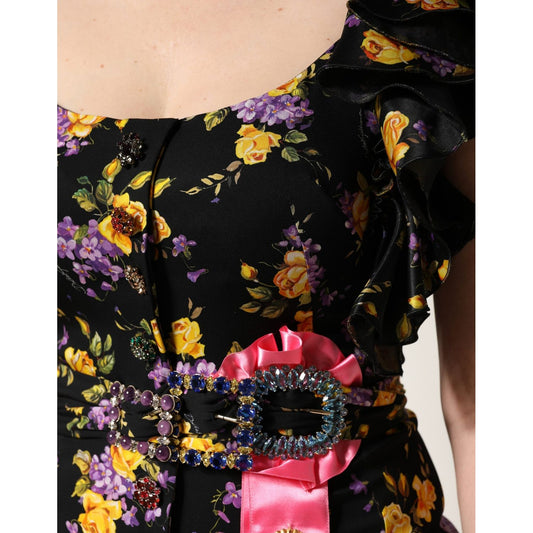 Dolce & Gabbana Black Purple Crystal Brooch Silk Midi Dress