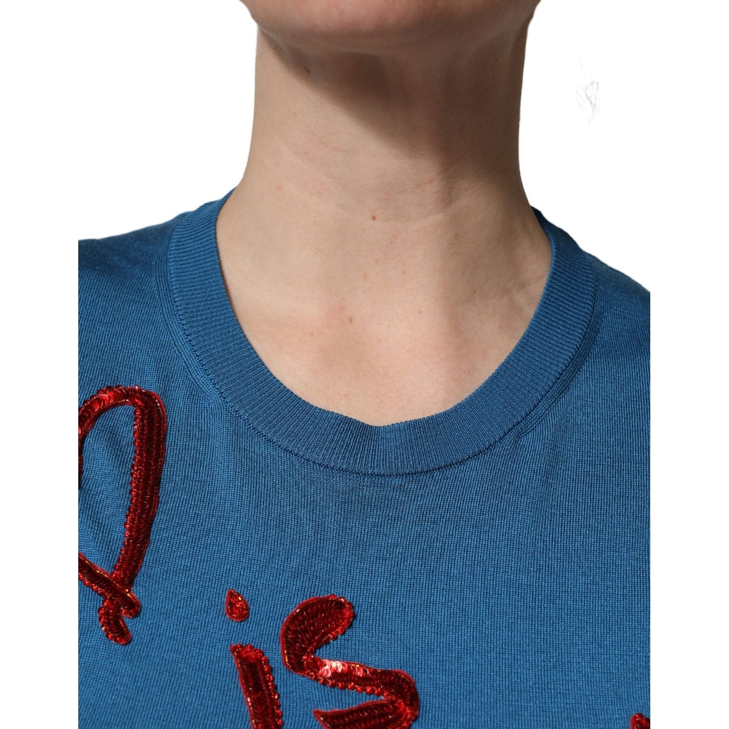 Dolce & Gabbana Blue Silk Sequined CrewNeck Pullover Sweater