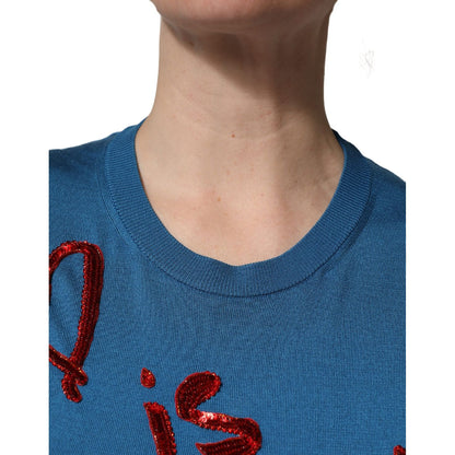 Dolce & Gabbana Blue Silk Sequined CrewNeck Pullover Sweater