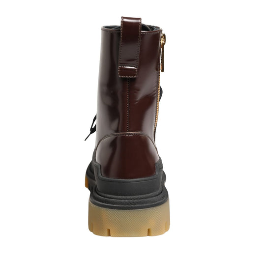 Dolce & Gabbana Maroon Leather Lace Up Biker Boots Shoes