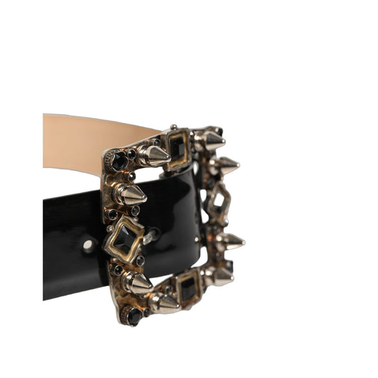 Dolce & Gabbana Black Leather Crystal Metal Buckle Belt