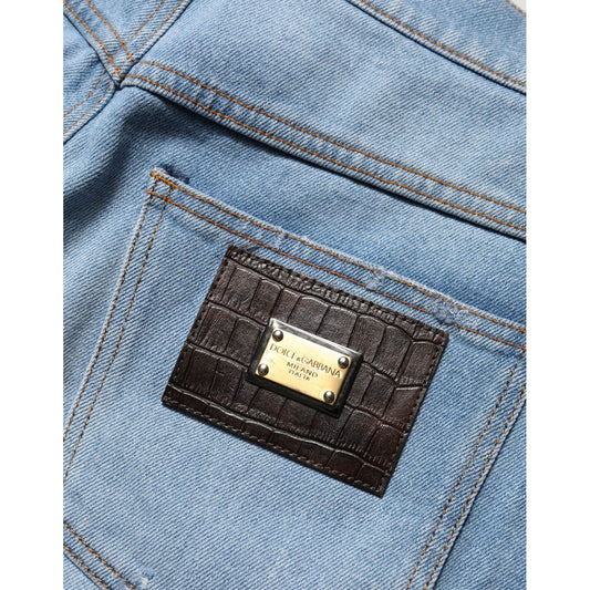 Dolce & Gabbana Blue Distressed Pleated Cotton Denim Jeans