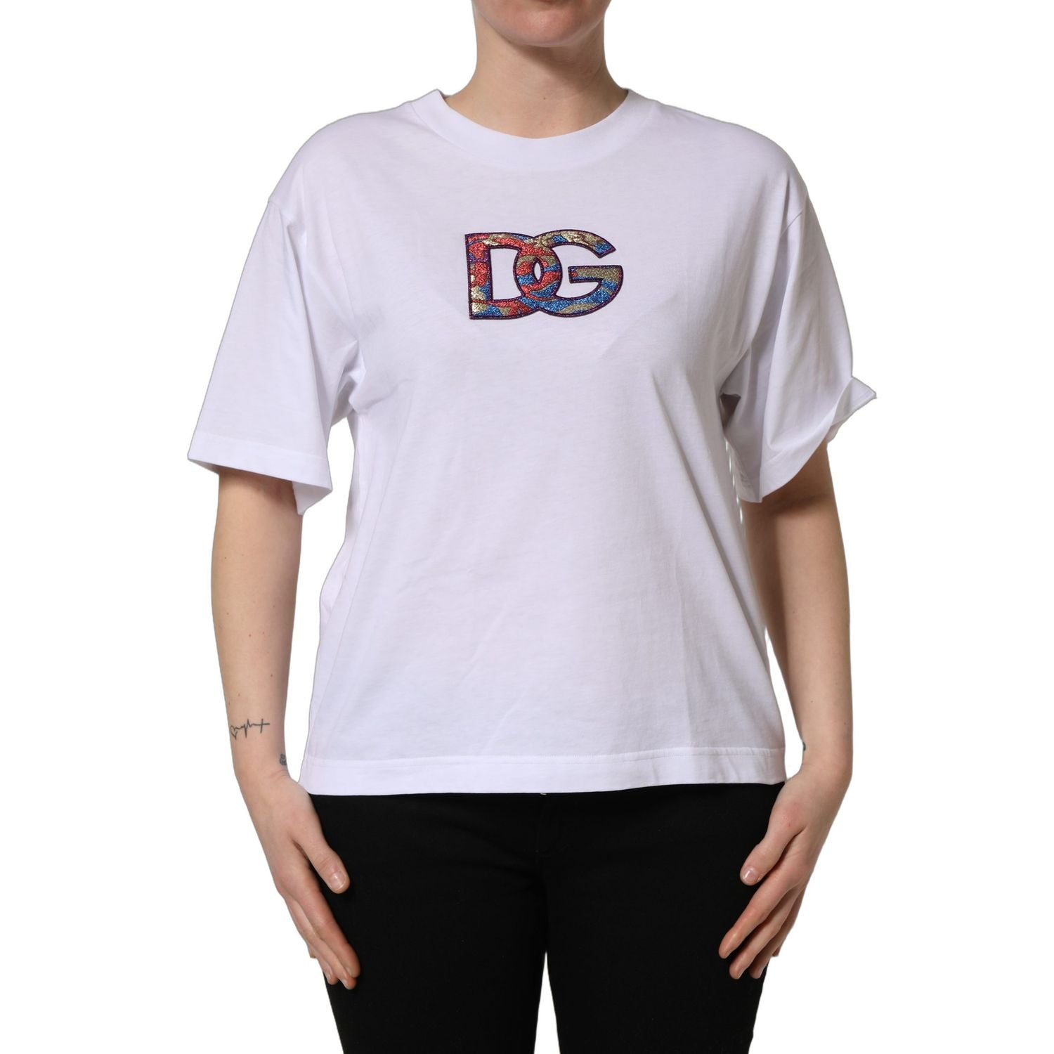 Dolce & Gabbana White Cotton DG Logo Patch Crew Neck T-shirt