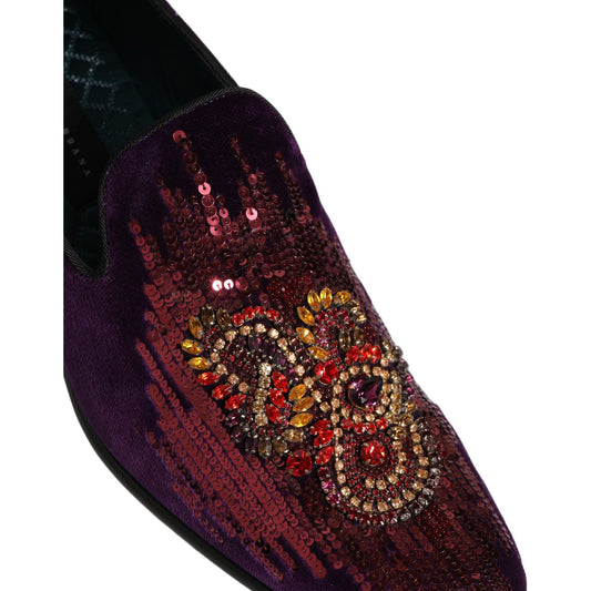 Dolce & Gabbana Violet Velvet Rhinestone Sequin Loafers Shoes