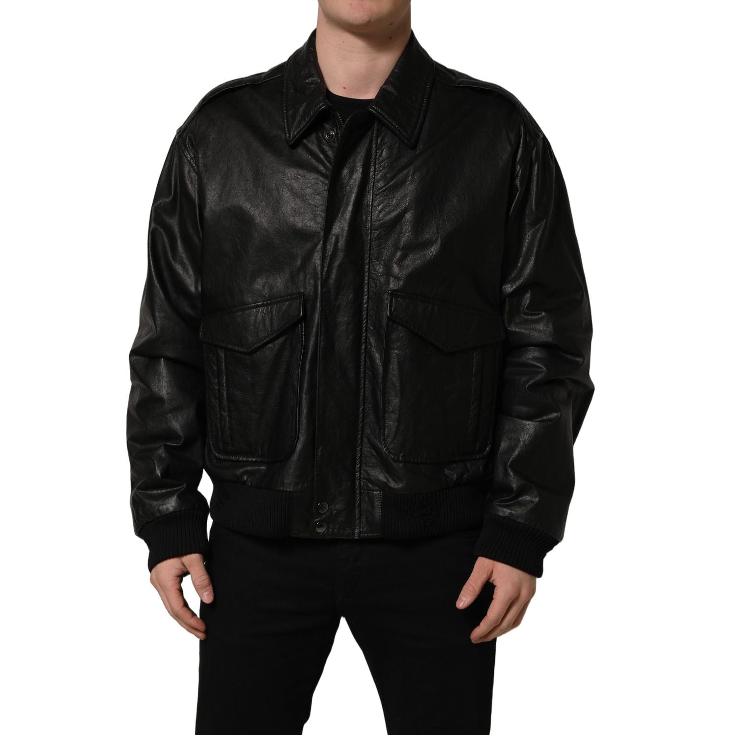 Dolce & Gabbana Black Leather Full Zip Men Biker Jacket
