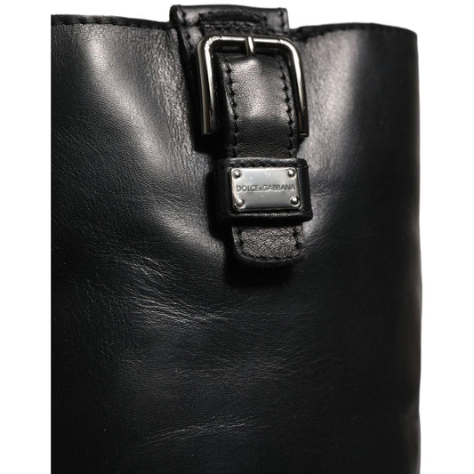 Dolce & Gabbana Black Leather Buckle Detail Mid Calf Boots Shoes