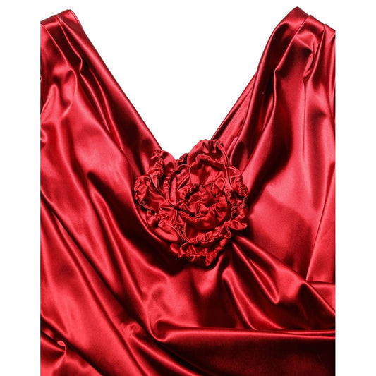 Dolce & Gabbana Red Silk Satin Draped Midi Floral Applique Dress