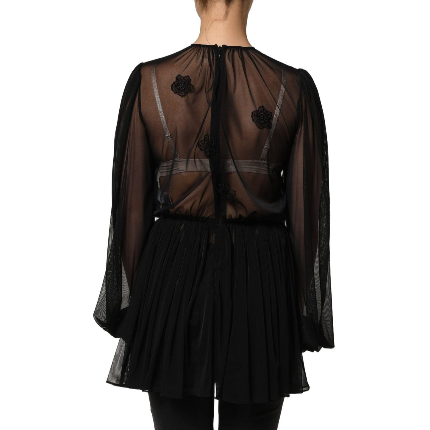 Dolce & Gabbana Black Polyester Mesh Sheer Crewneck Blouse Top