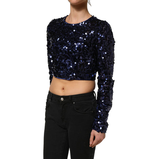 Dolce & Gabbana Blue Sequined Long Sleeves Crop Blouse Top