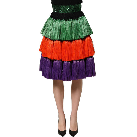 Dolce & Gabbana Multicolor Fringed High Waist Knee Length Skirt