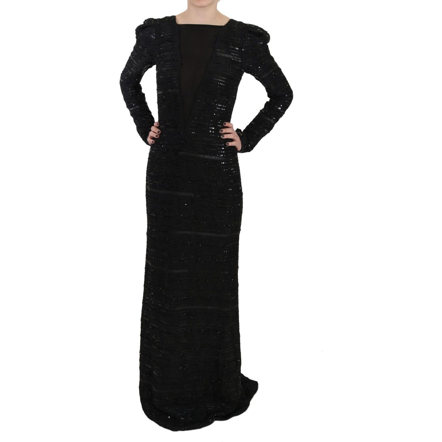 John Richmond Black Silk Sheath Maxi Dress with Sequins John Richmond