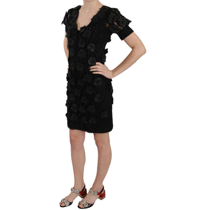 John Richmond Black Silk Leather Flowers Sheath Dress