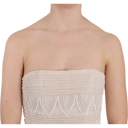 John Richmond Beige Beaded Silk Short Mini Gown Dress