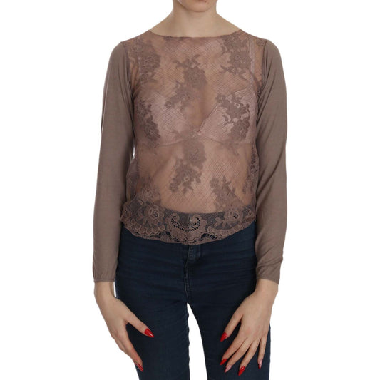 PINK MEMORIES Brown Lace See Through Long Sleeve Top