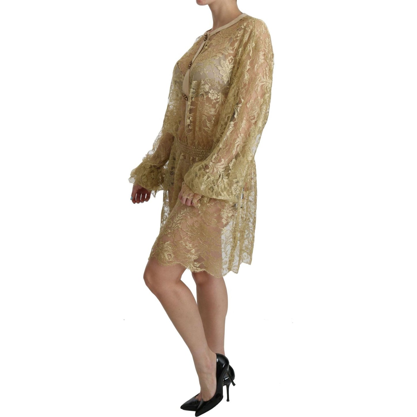 Dolce & Gabbana Elegant Gold Lace A-Line Knee Length Dress Dolce & Gabbana