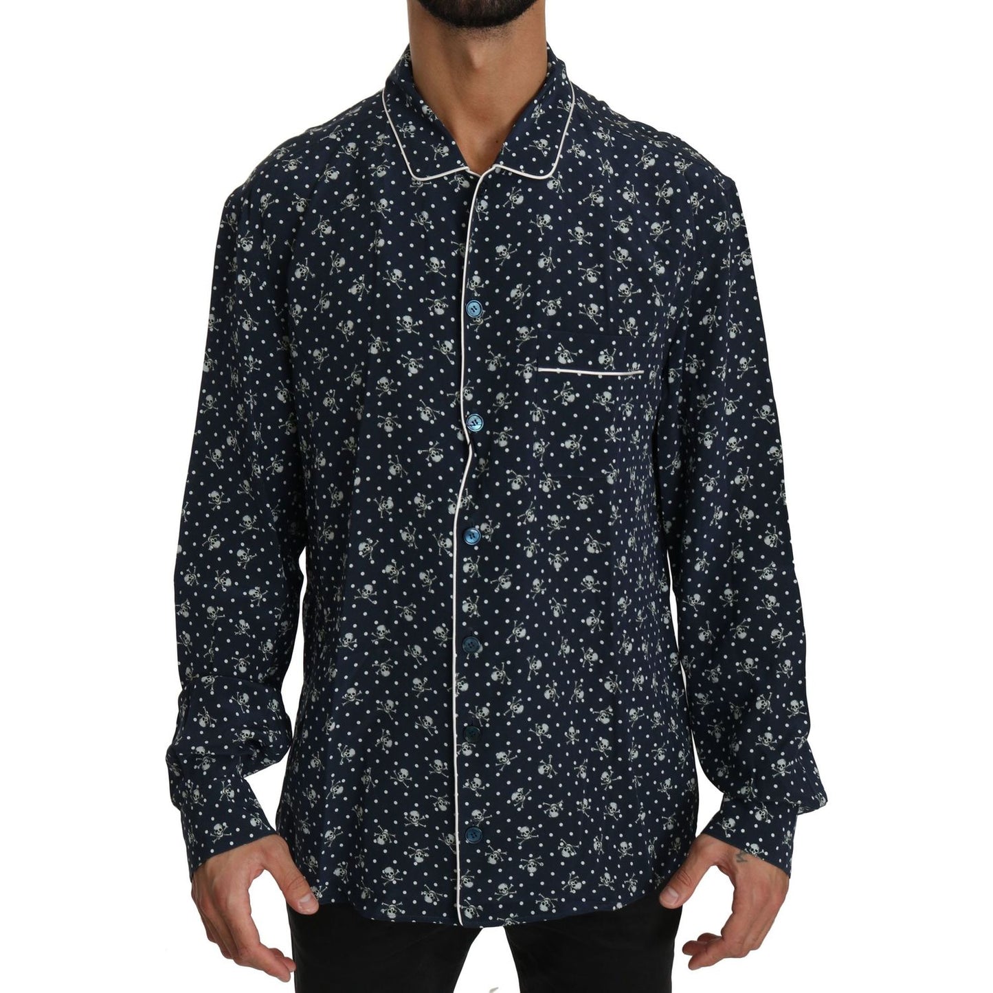 Dolce & Gabbana Blue Skull Print Silk Top Sleepwear Shirt