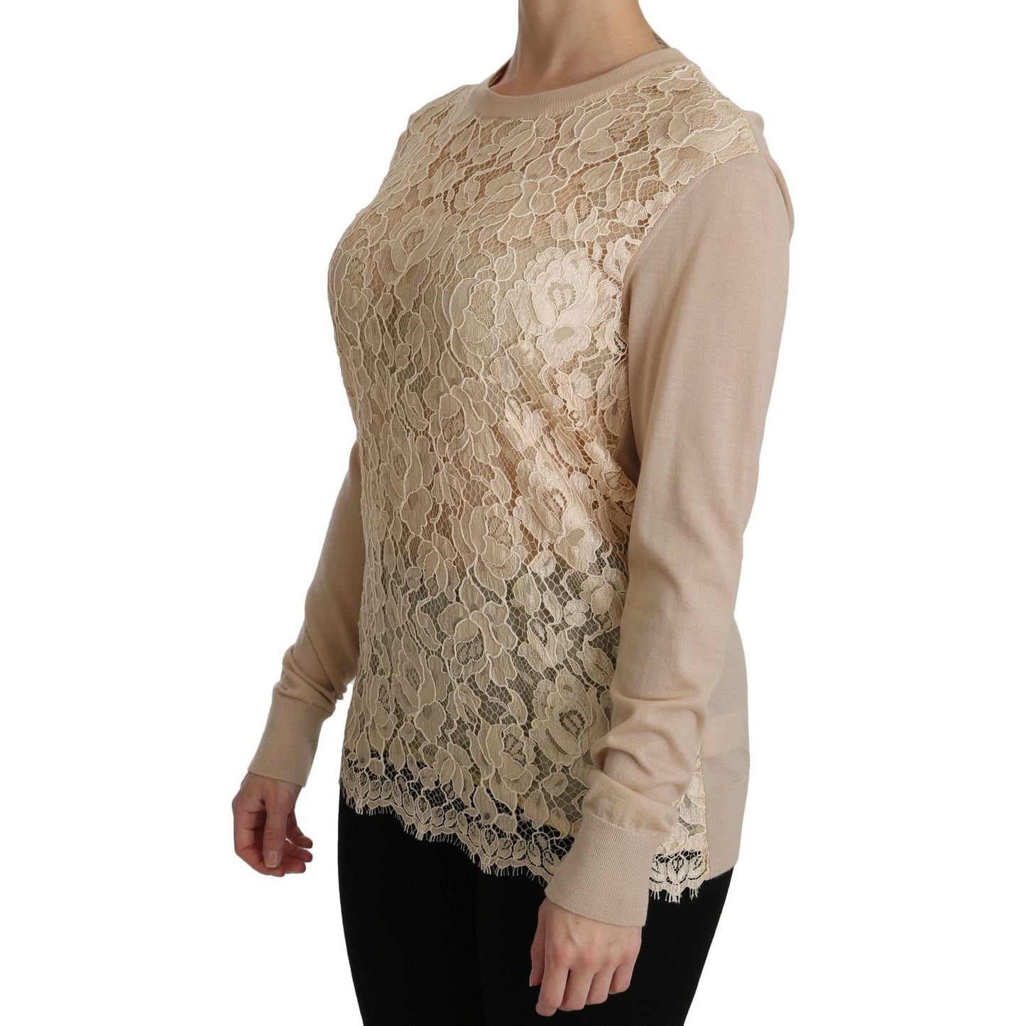 Dolce & Gabbana Elegant Beige Lace Crew Neck Cashmere Blouse Dolce & Gabbana