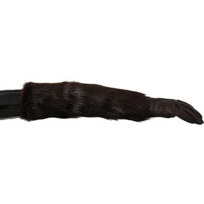 Dolce & Gabbana Brown Elbow Length Mittens Leather Fur Gloves
