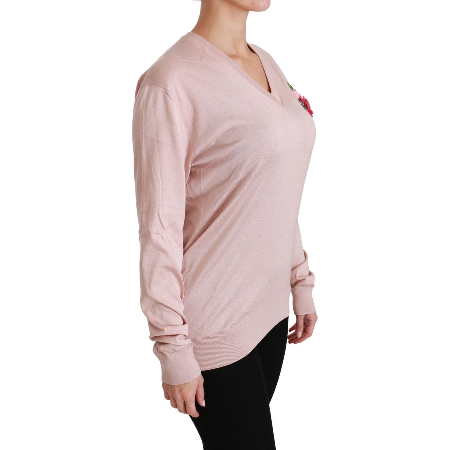 Dolce & Gabbana Pink Floral Silk V-Neck Sweater Dolce & Gabbana