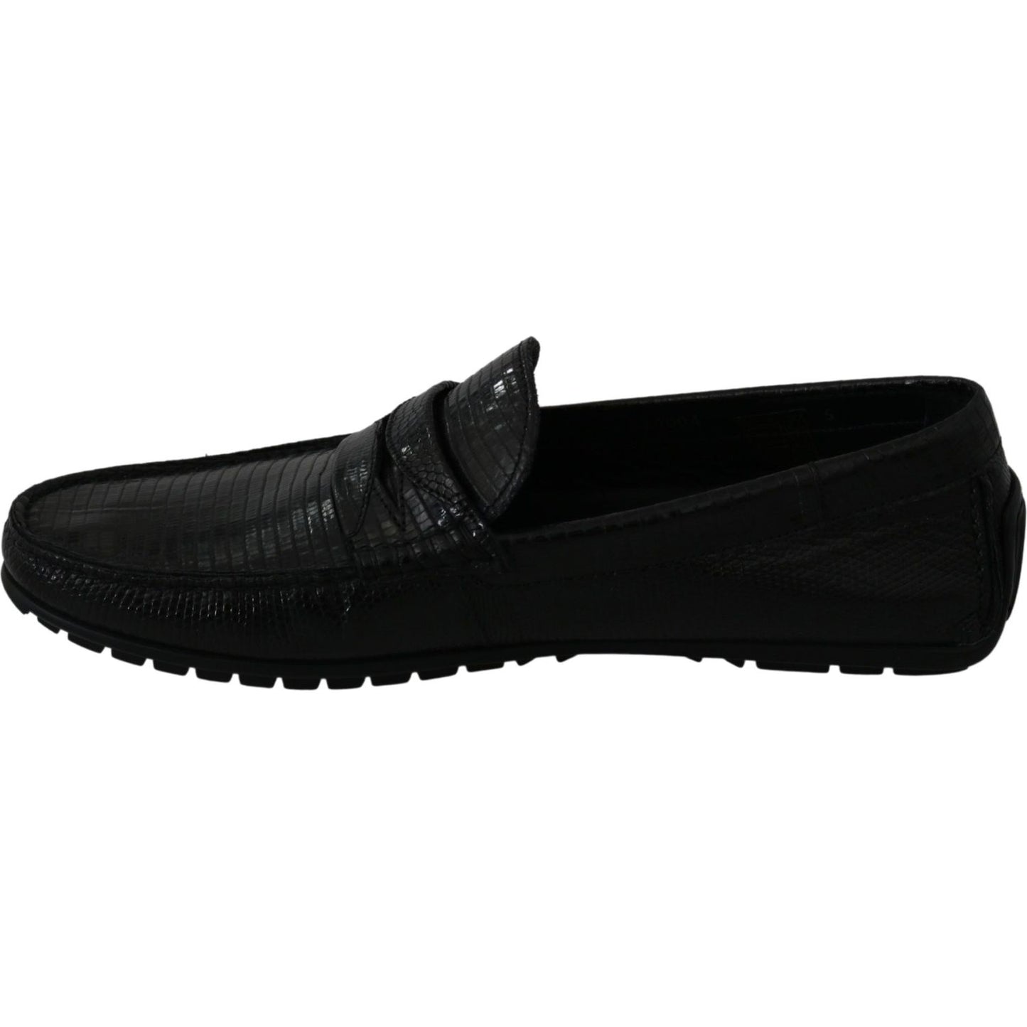 Dolce & Gabbana Black Lizard Leather Flat Loafers Shoes