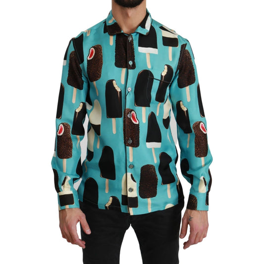 Dolce & Gabbana Blue Silk Ice Cream Print Casual Shirt