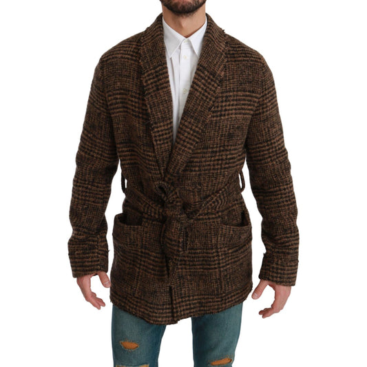 Dolce & Gabbana Brown Checkered Wool Robe Coat Wrap Jacket