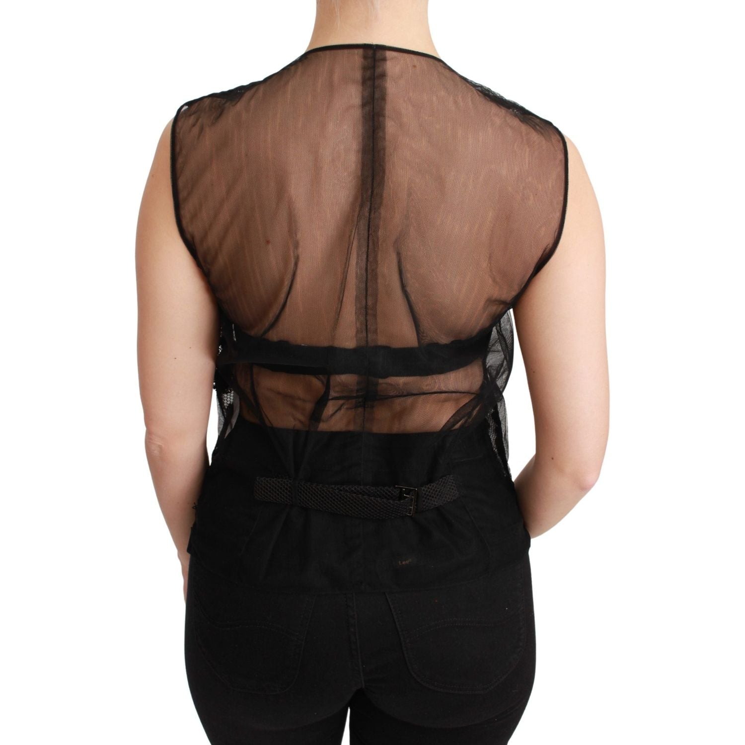 优雅花卉黑色真丝混纺背心