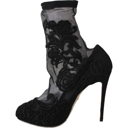 Dolce & Gabbana Black Roses Stilettos Booties Socks Shoes