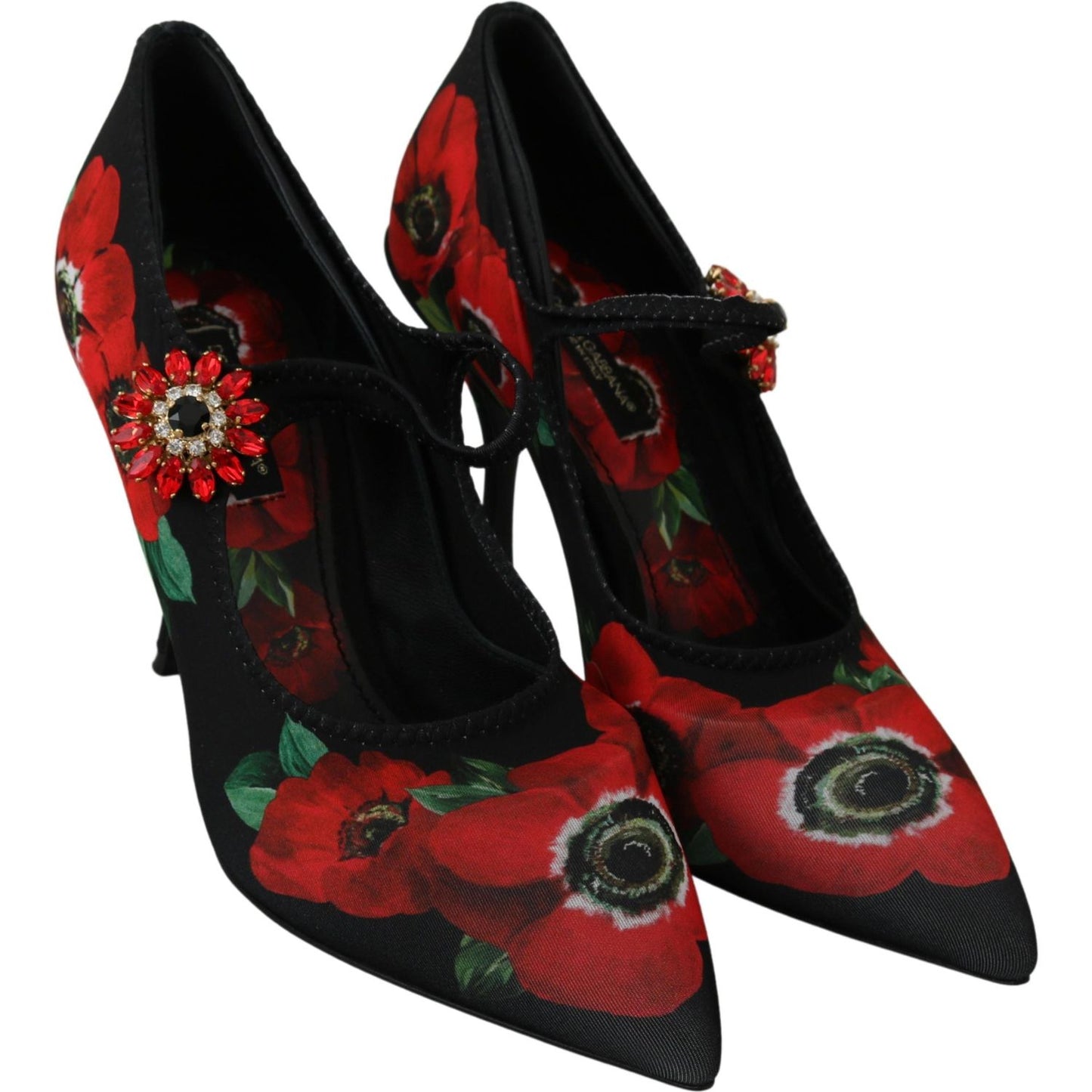 Dolce & Gabbana Black Red Floral Mary Janes Pumps Shoes