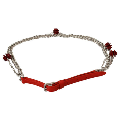 Dolce & Gabbana Red Leather Roses Floral Silver Waist Belt