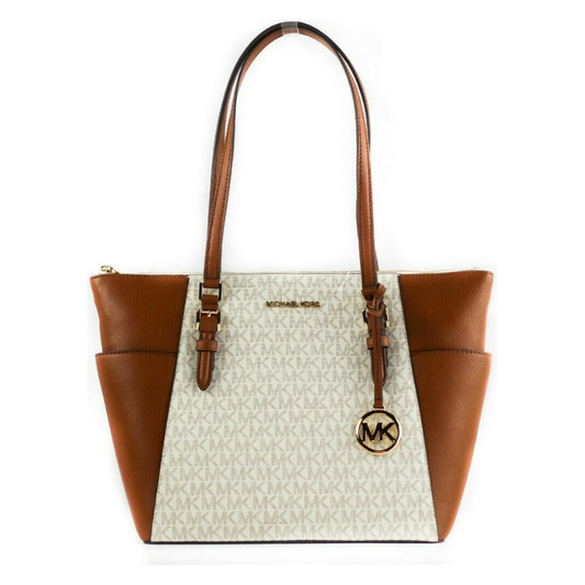 Michael Kors Charlotte Signature Leather Large Top Zip Tote Handbag Bag (Vanilla) Michael Kors