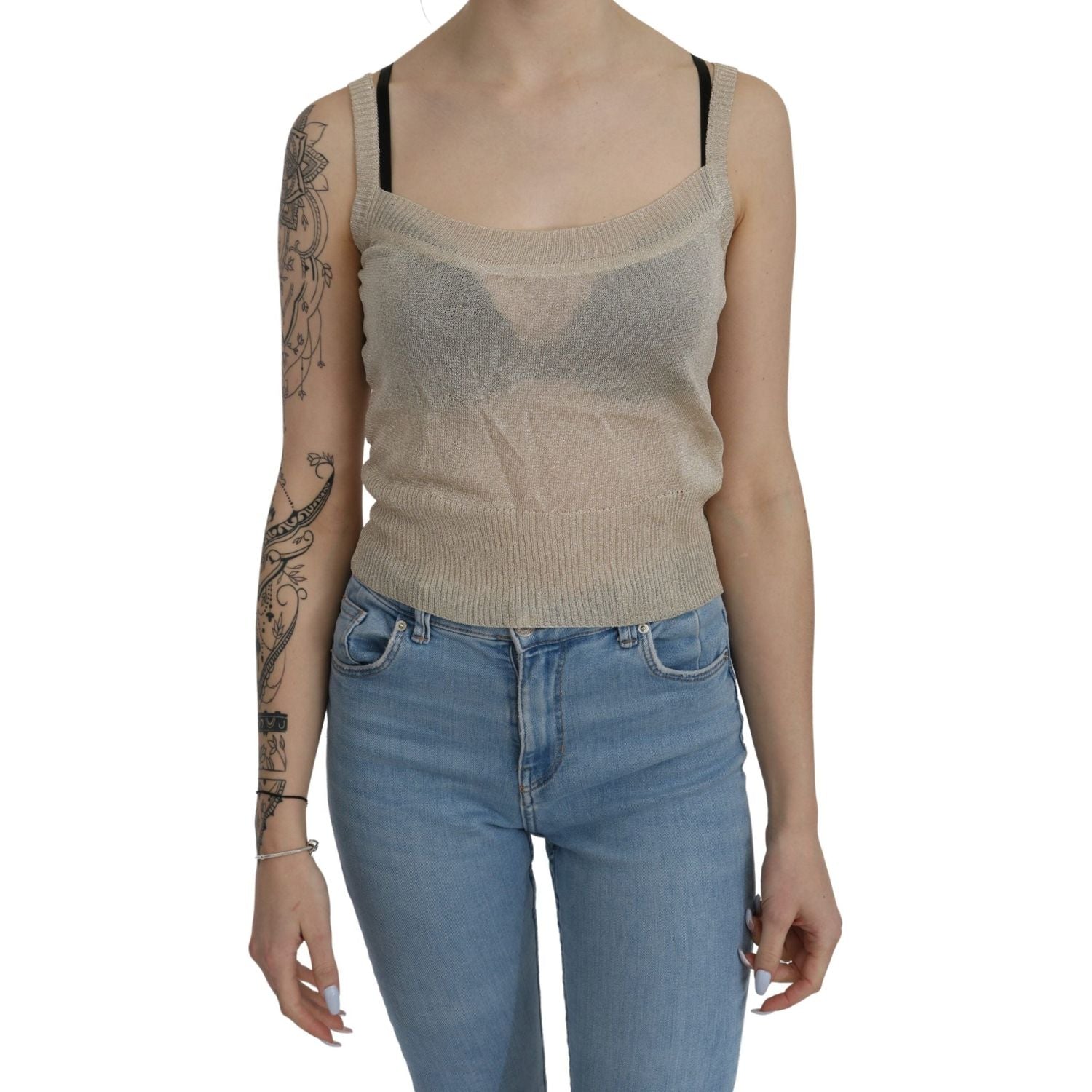 BYBLOS Beige Sleeveless Spaghetti Strap Tank See Through Top