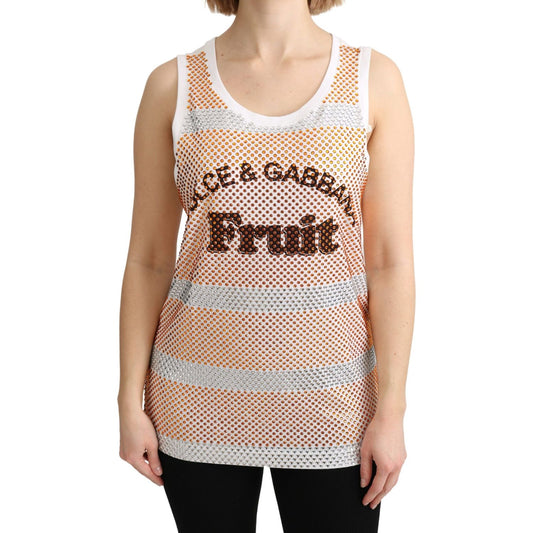Dolce & Gabbana White Orange Crystal Sleeveless Tank Cotton Top