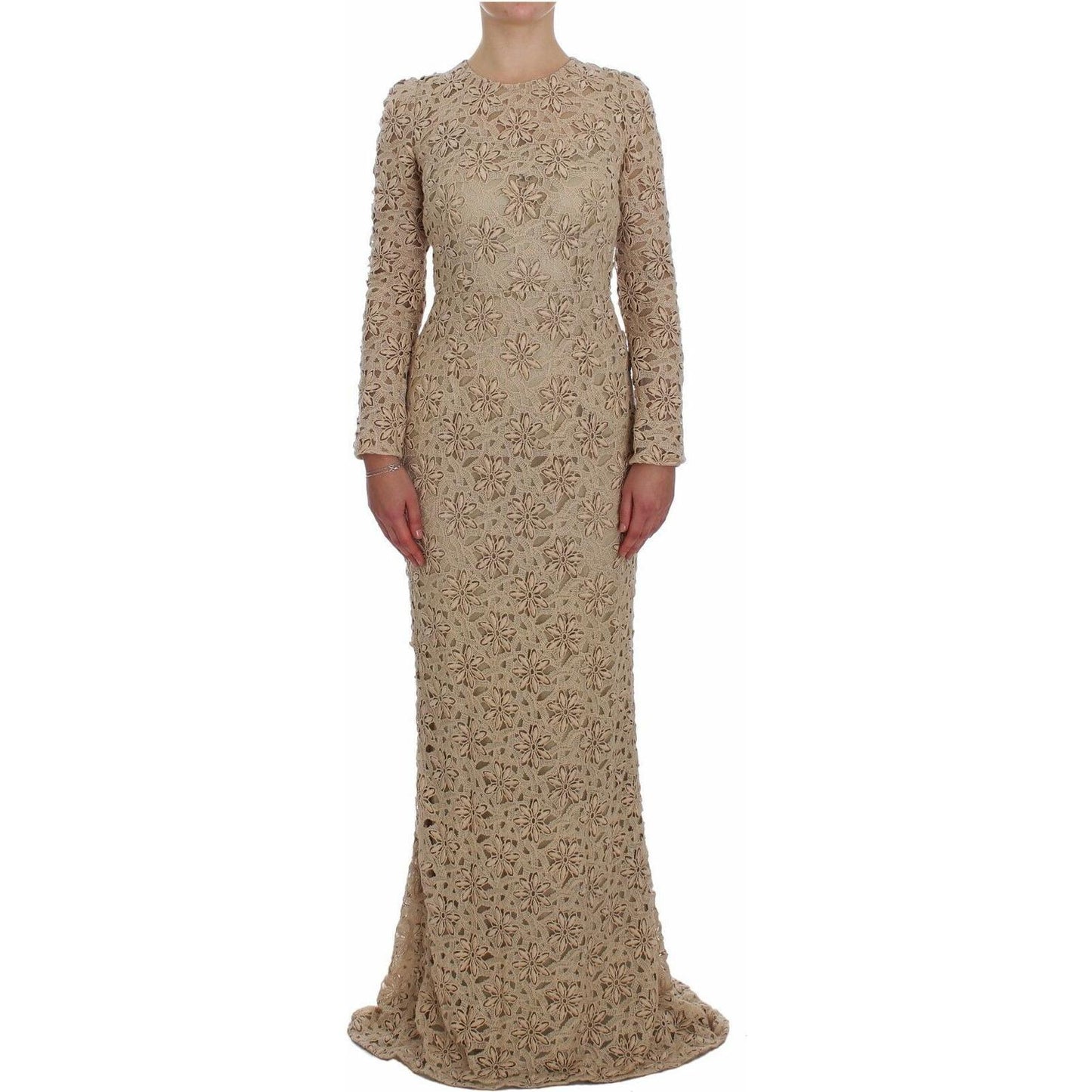 Dolce & Gabbana Beige Floral Lace Long Sleeve Maxi Dress Dolce & Gabbana