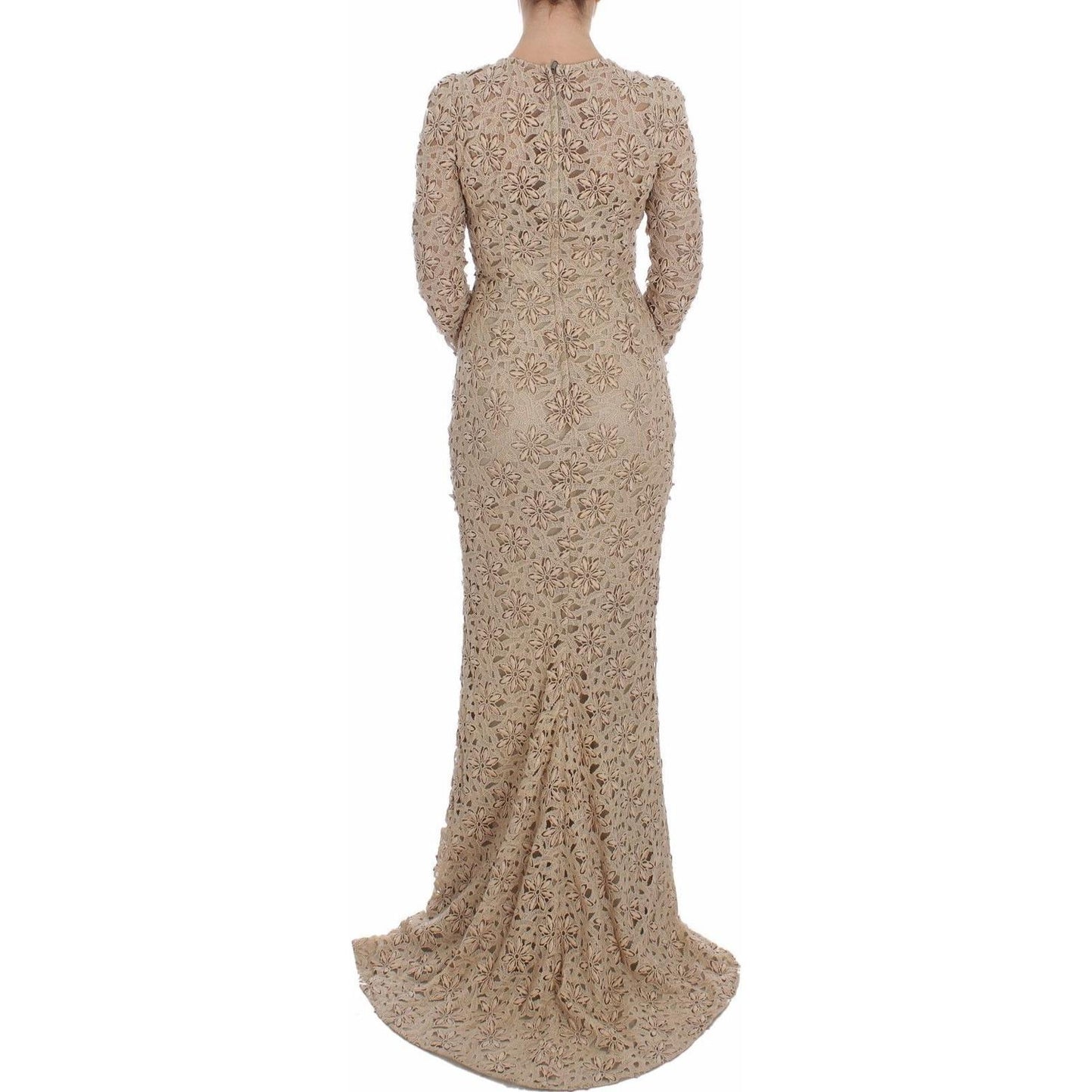 Dolce & Gabbana Beige Floral Lace Long Sleeve Maxi Dress Dolce & Gabbana