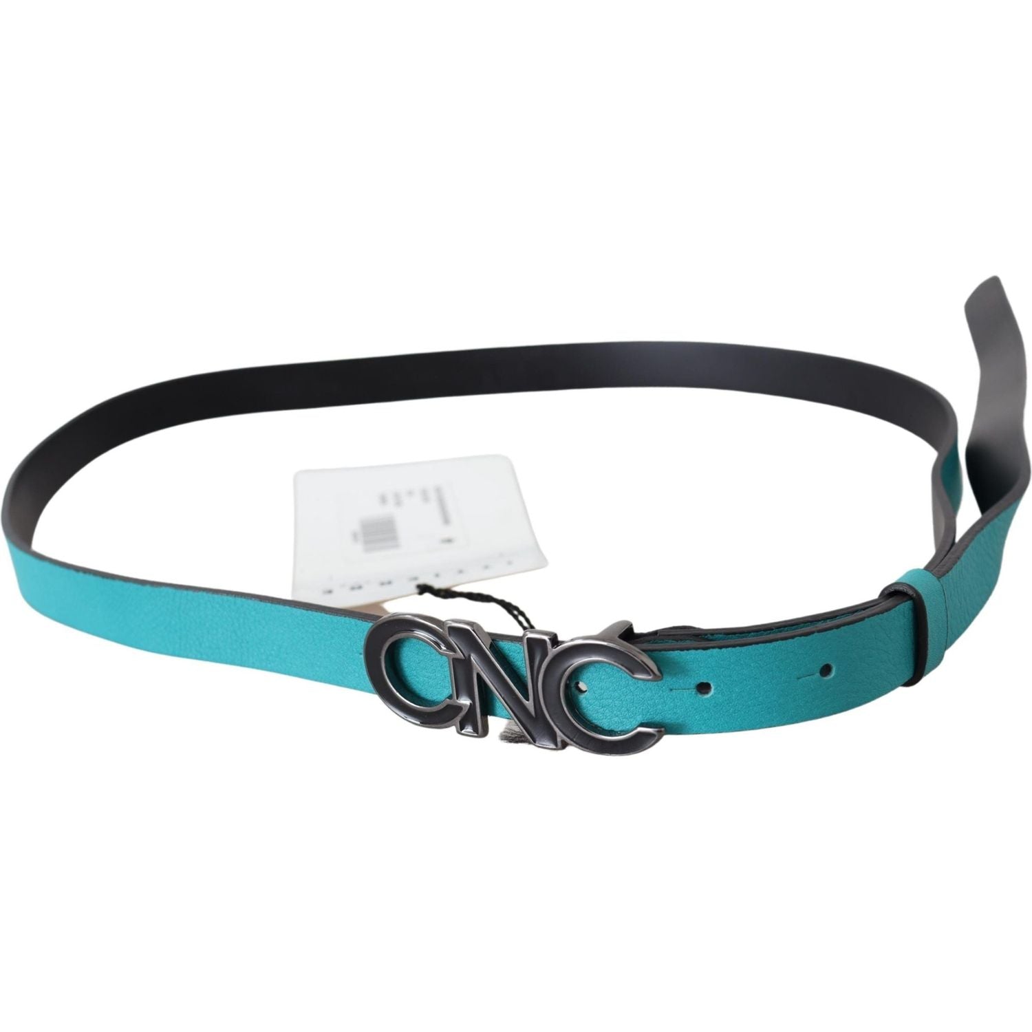 Costume National Blue Green Leather Logo Silver Buckle Belt